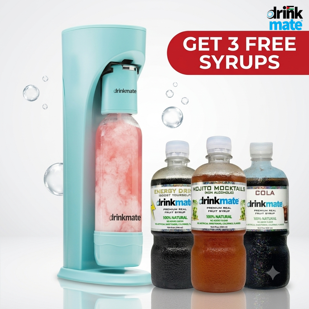 Drinkmate Sparkling Water and Soda Machine With CO₂ Cylinder + Free 3 Cola Syrups